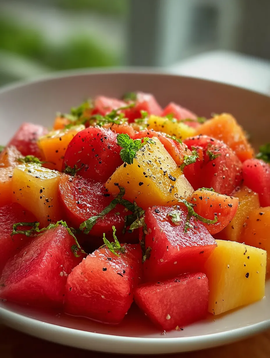 A bowl of fruit with watermelon, cantaloupe, and honeydew.