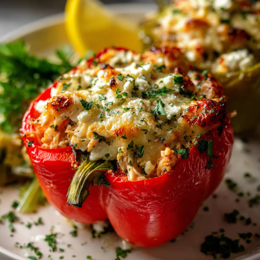 A plate of food with a red pepper and a lemon.
