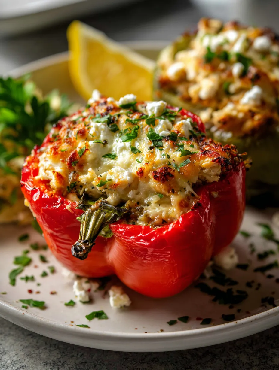 A plate of food with a red pepper and a lemon.