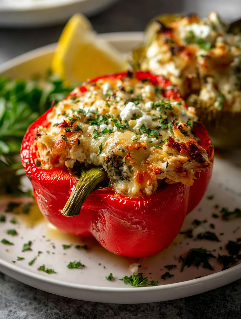 A plate of food with a red pepper and a lemon.