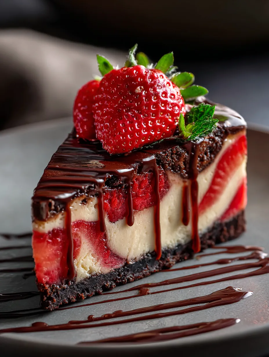 A slice of cheesecake with strawberries on top.