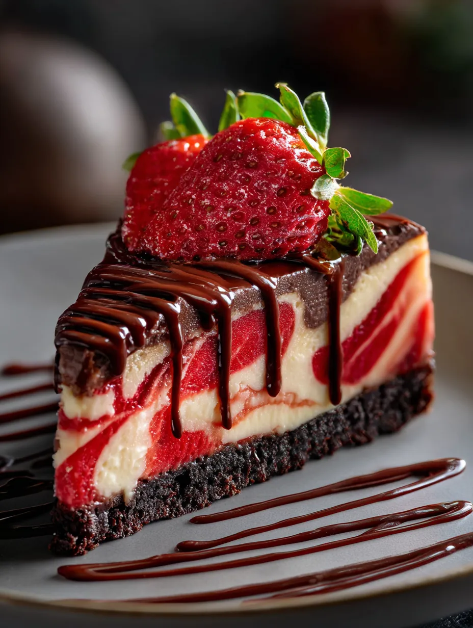 A slice of cheesecake with strawberries and chocolate drizzle.