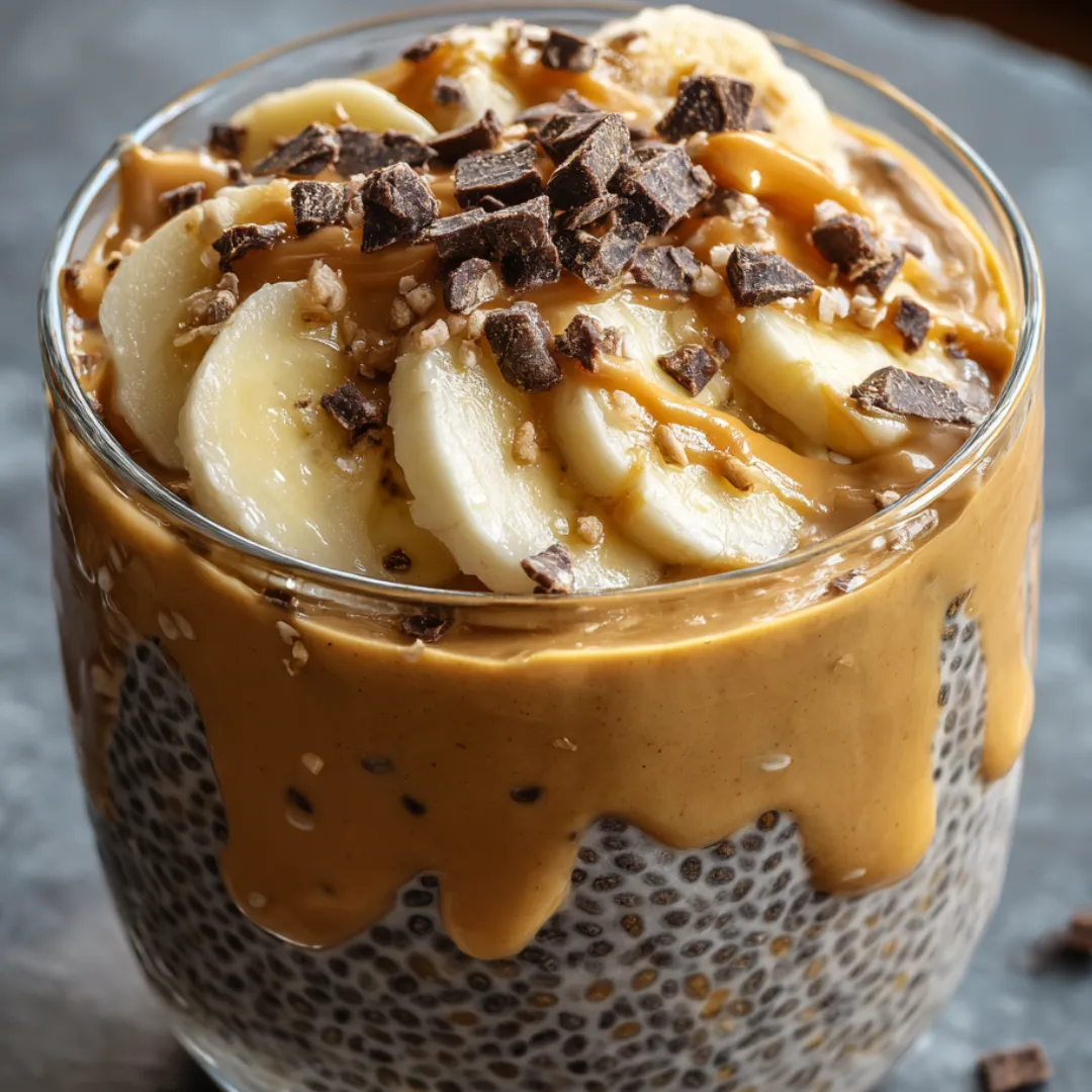 A glass of yogurt with bananas and chocolate chips.