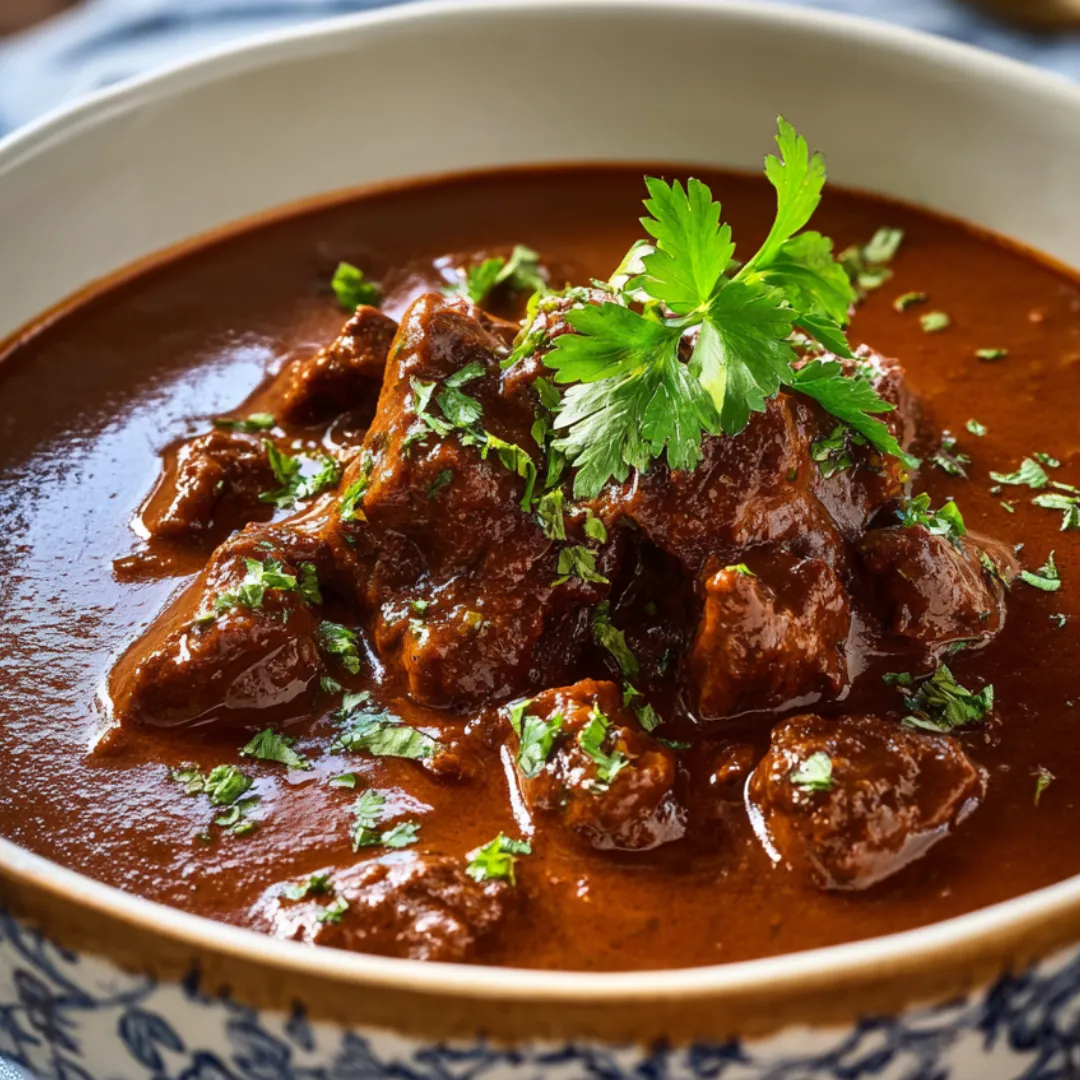 A bowl of beef stew with a green garnish.