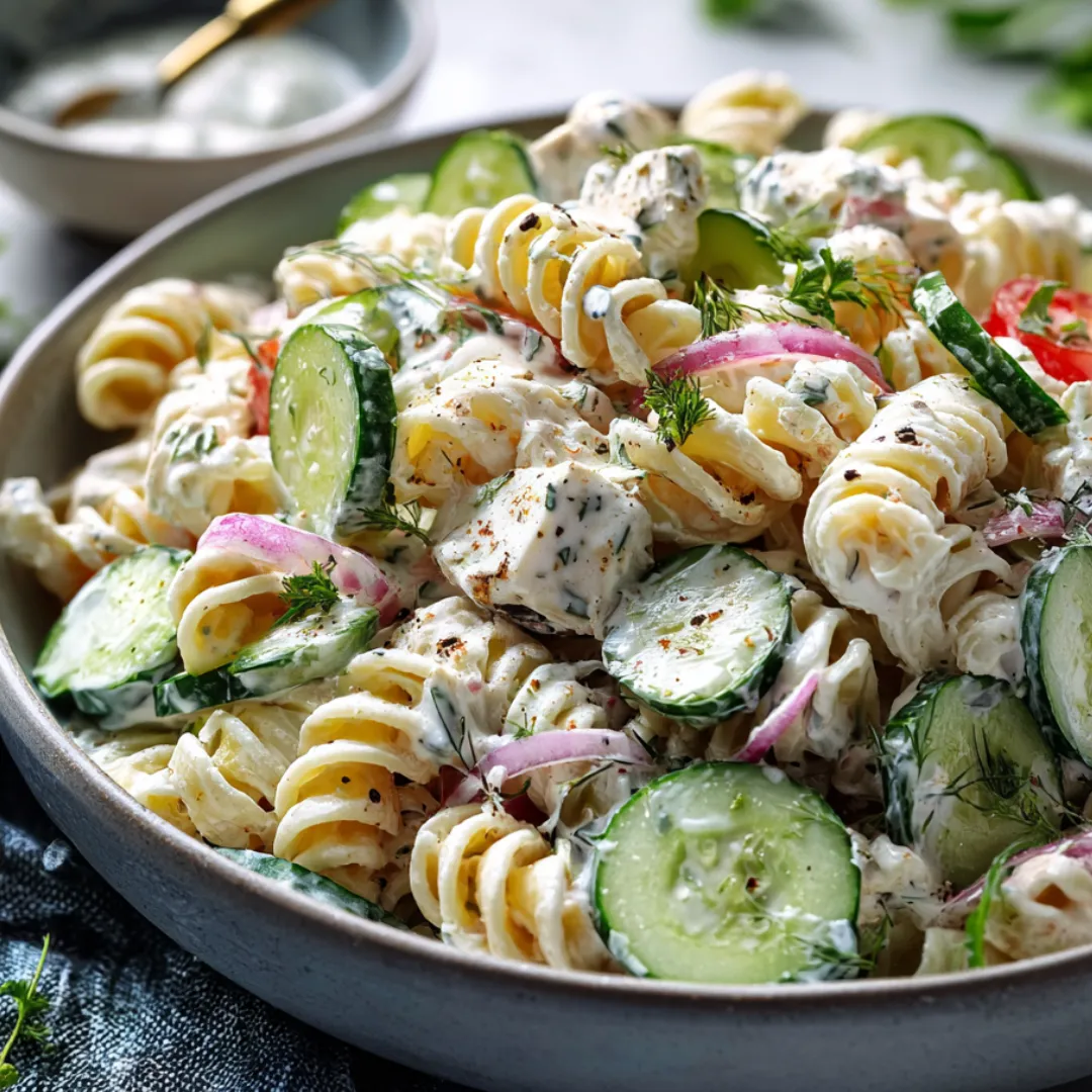 A bowl of pasta with cucumbers and tomatoes.