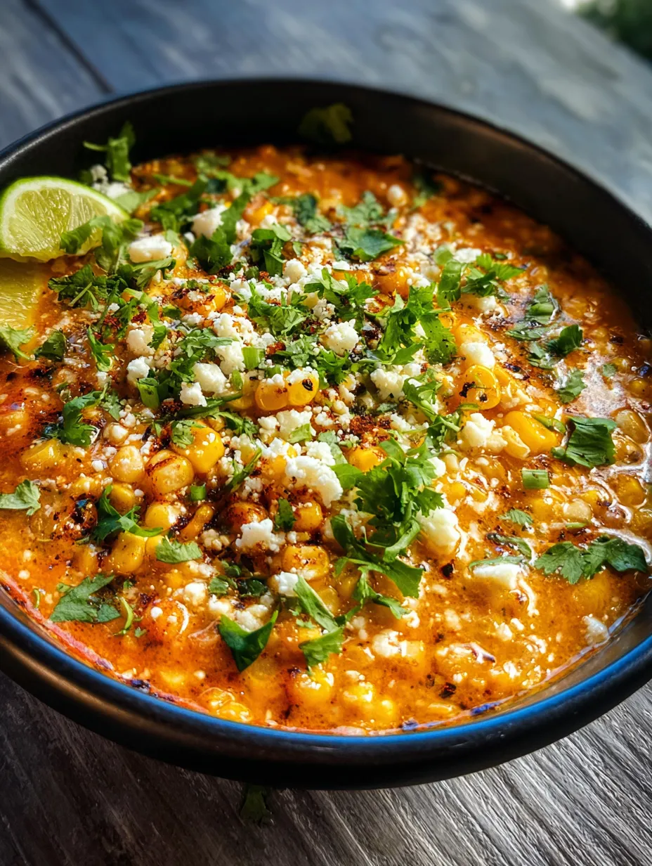 A bowl of soup with corn and cheese.