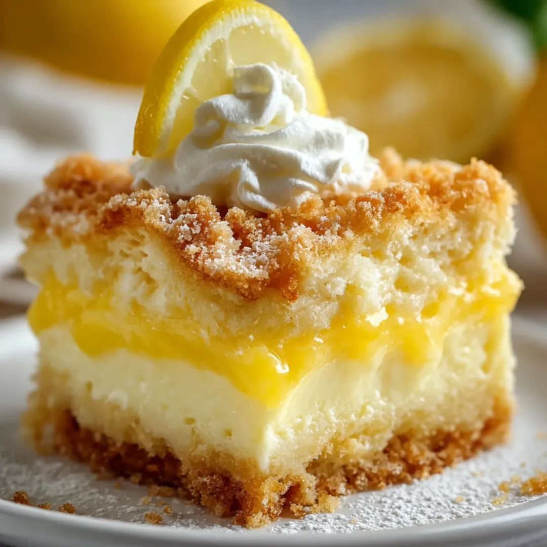 A slice of lemon cake with whipped cream on top.