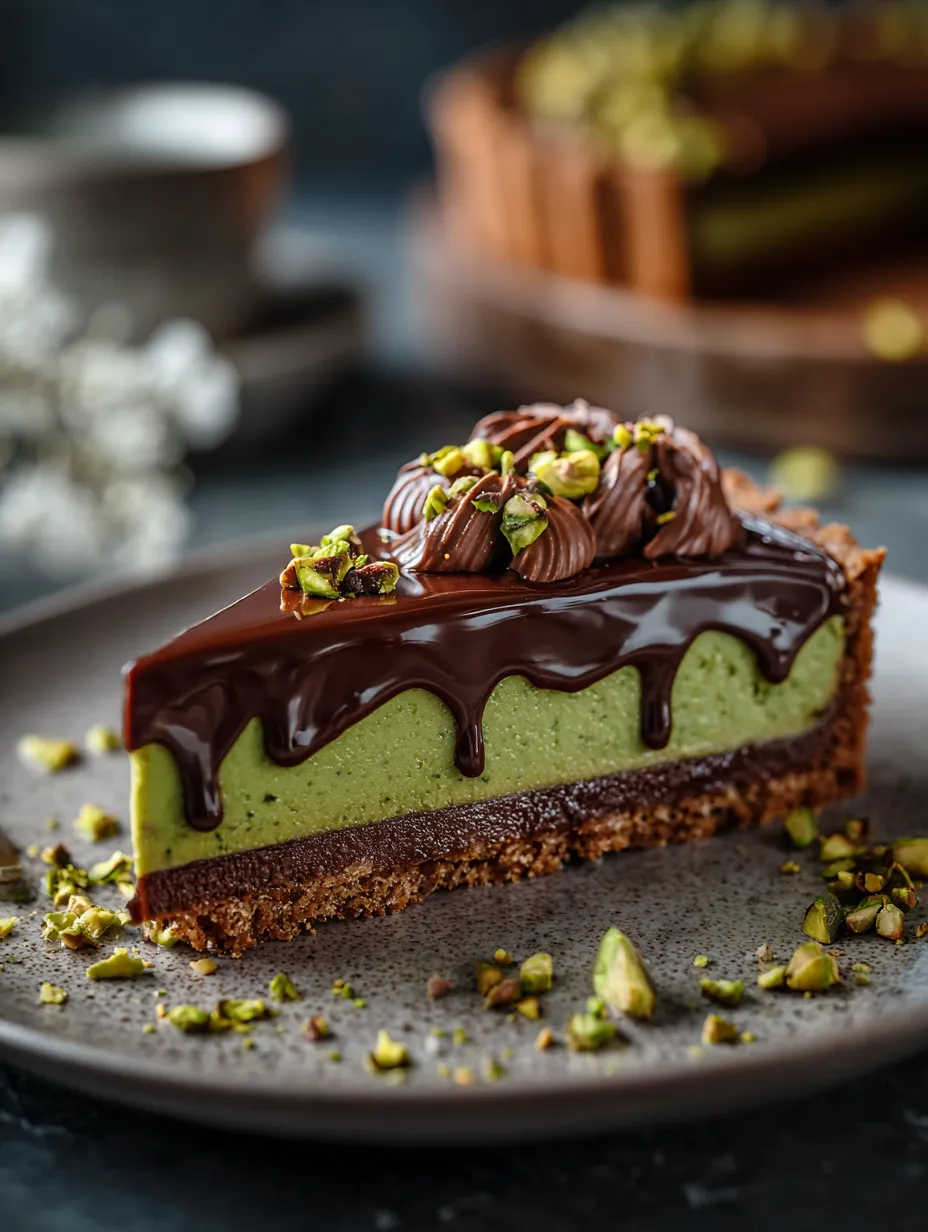 A slice of chocolate cake with a green topping.