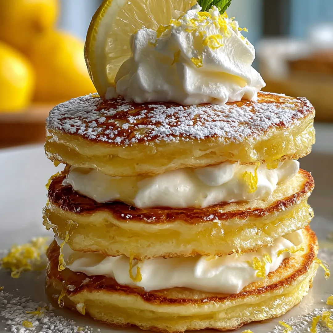 A stack of pancakes with lemon and whipped cream on top.