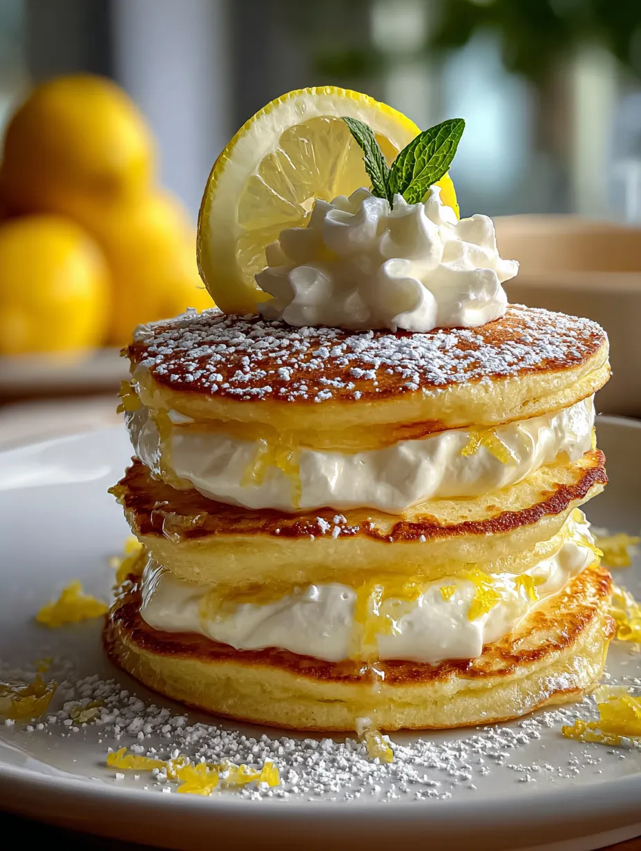 A stack of pancakes with lemon and whipped cream.