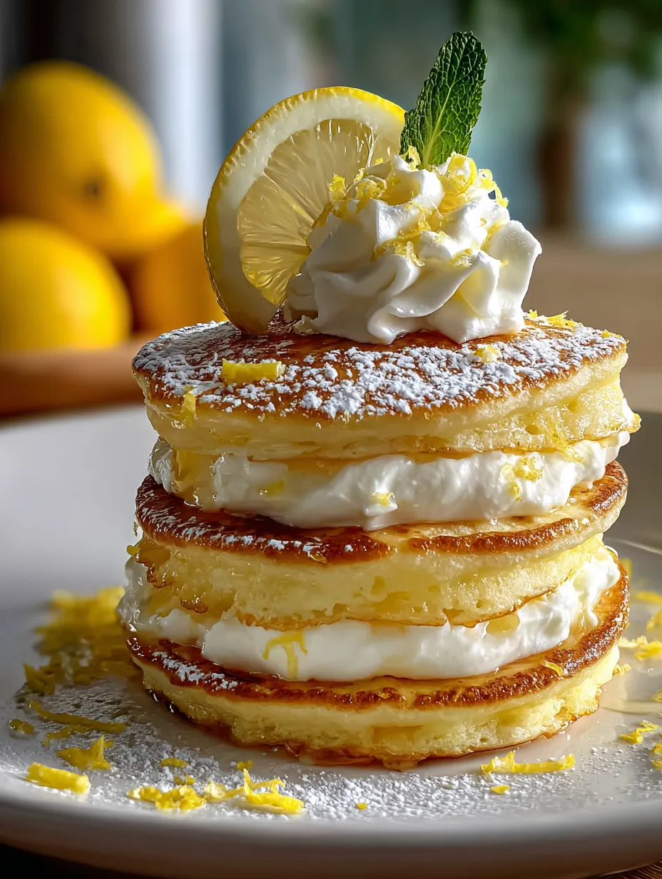 A stack of pancakes with a lemon wedge on top.