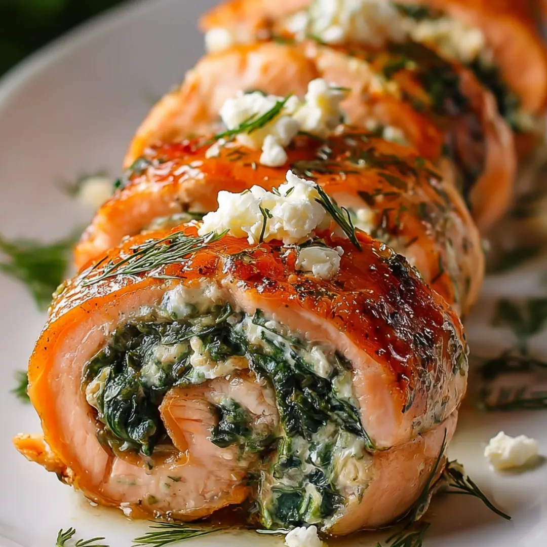 Sliced salmon with feta cheese and herbs.