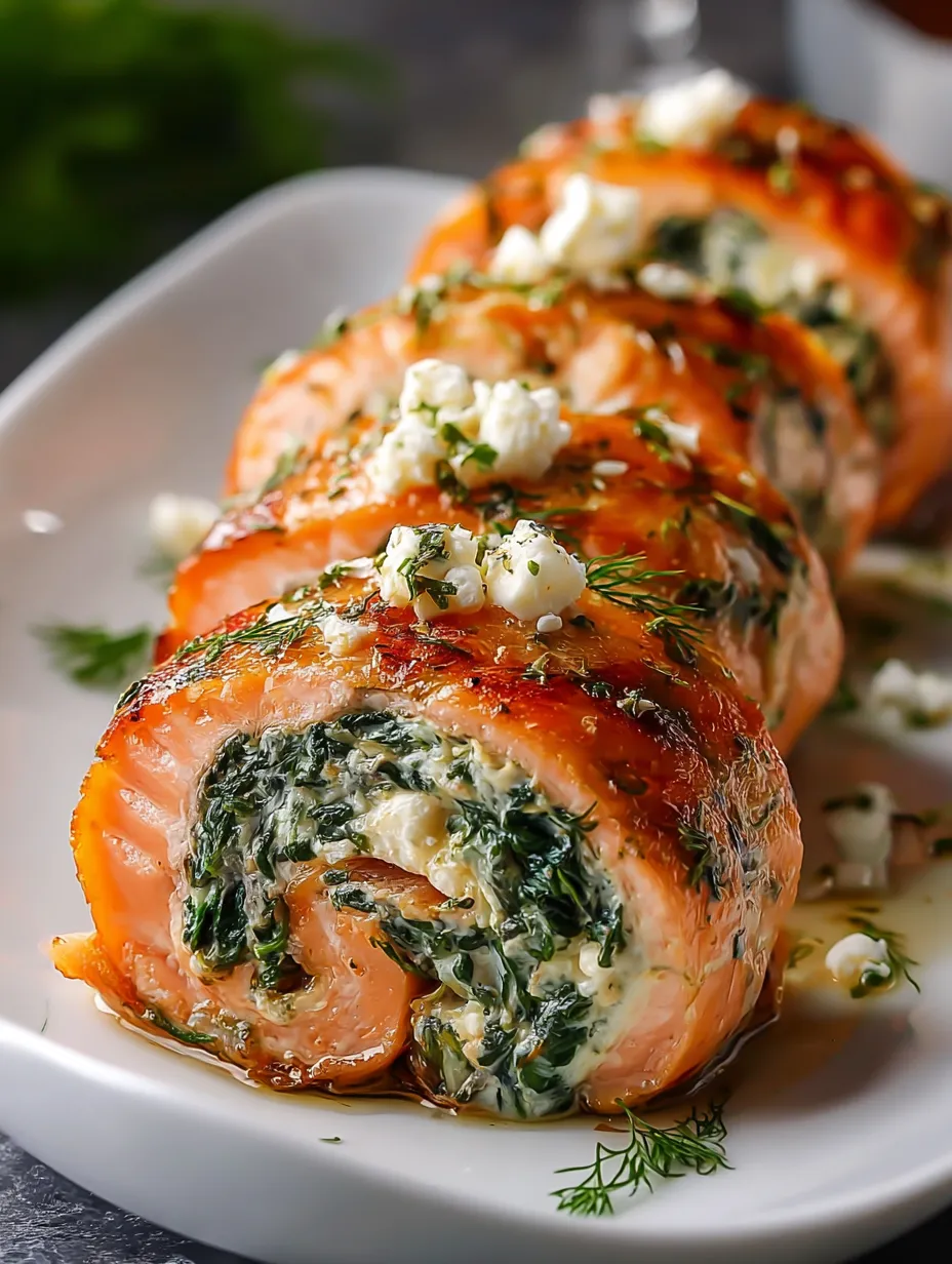 Sliced salmon with feta cheese and herbs.