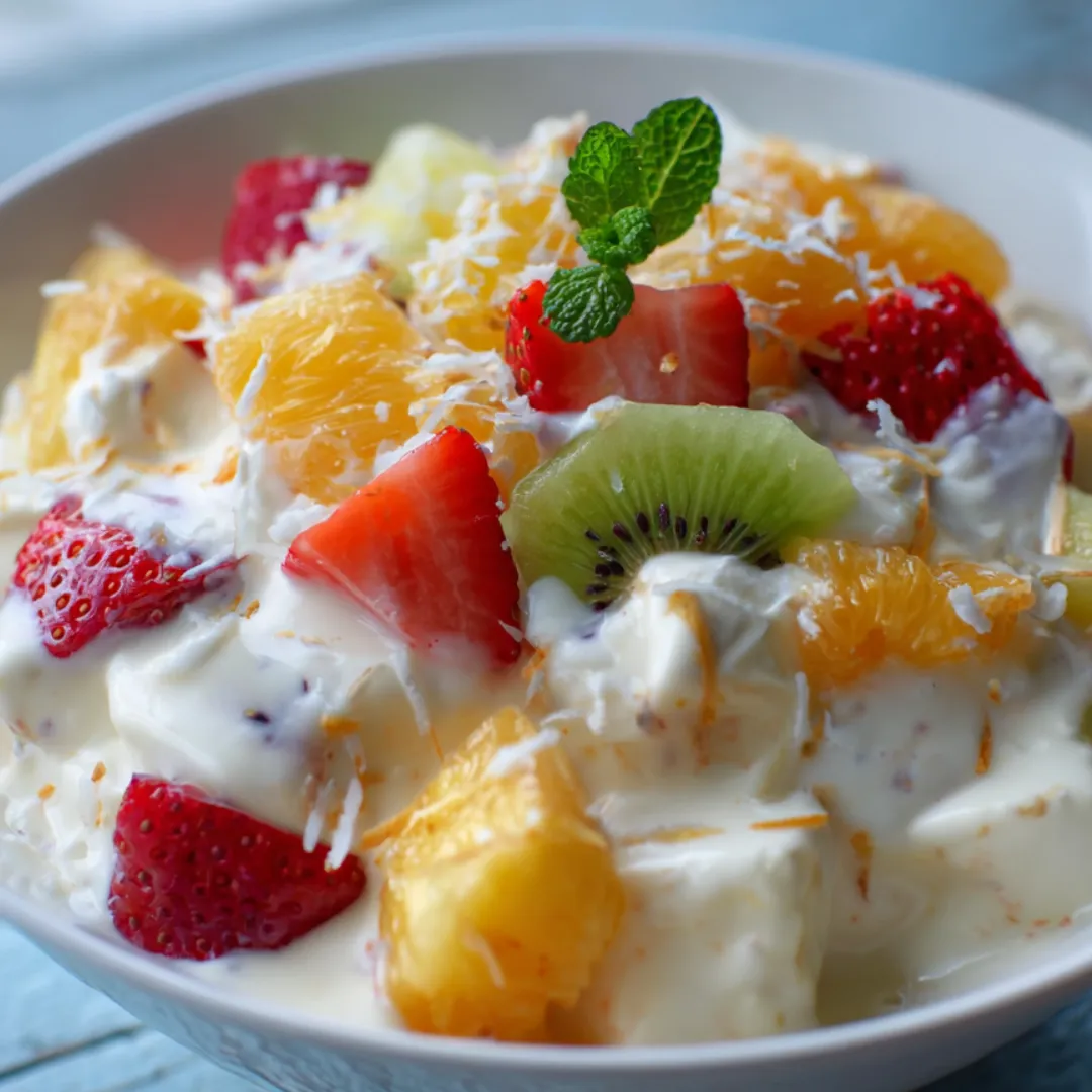A bowl of fruit with strawberries, kiwi, and oranges.