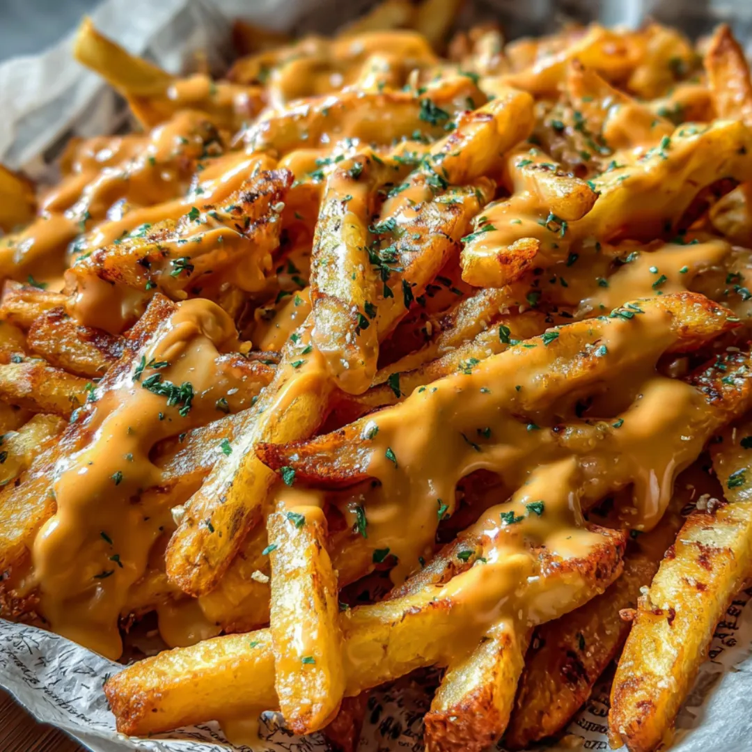 A plate of french fries with cheese.