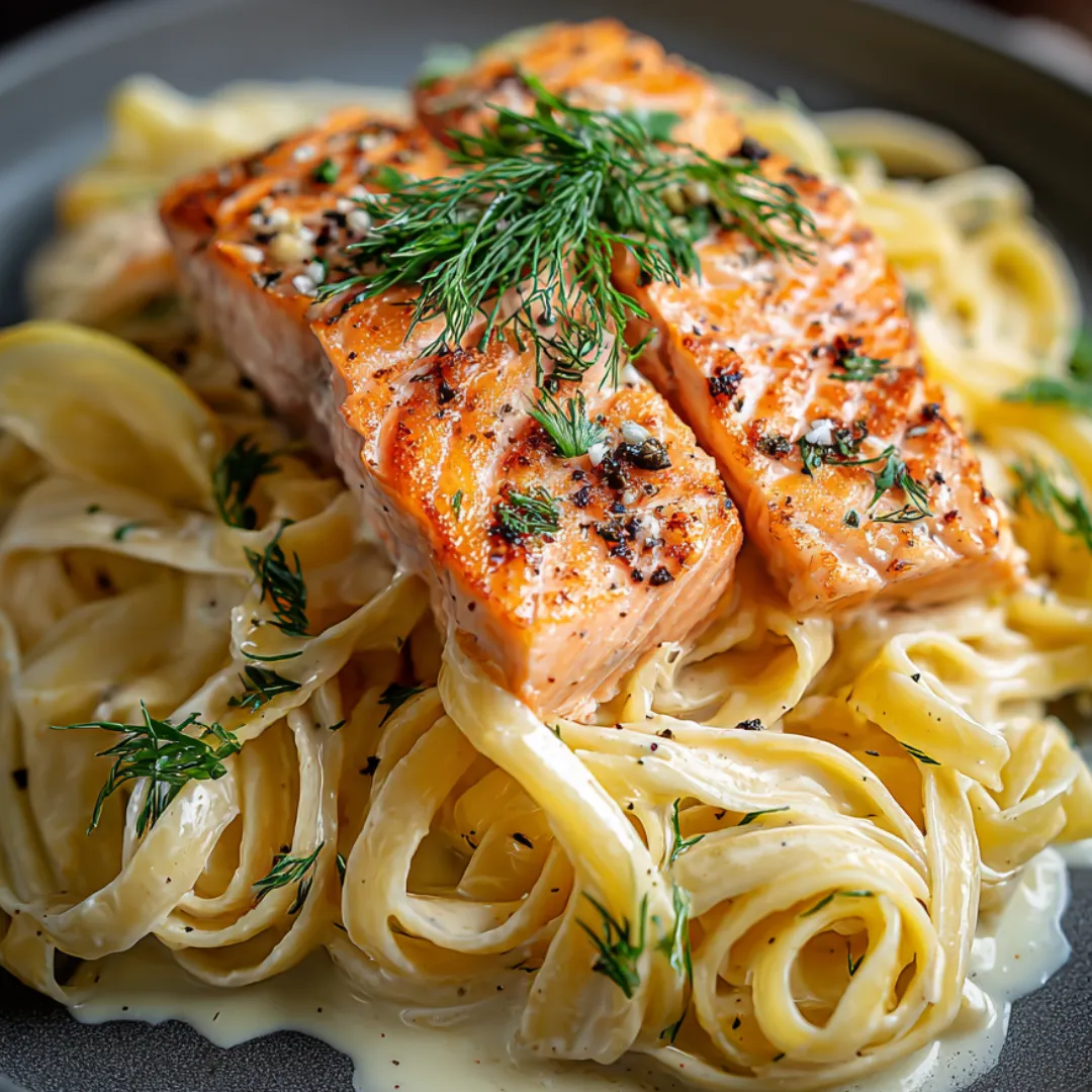 A plate of food with a salmon fillet and pasta.