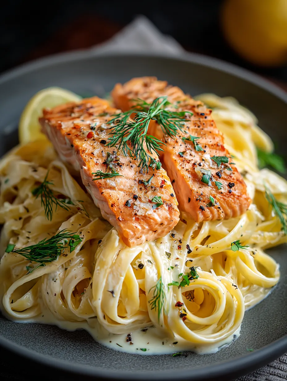 A plate of pasta with salmon on top.