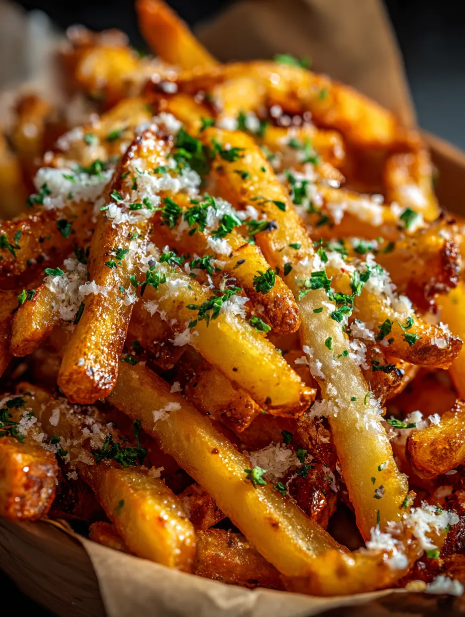 A close up of french fries with cheese and herbs.