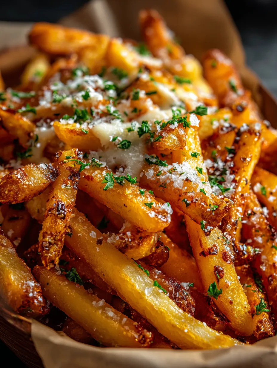 A close up of french fries with cheese and parsley.