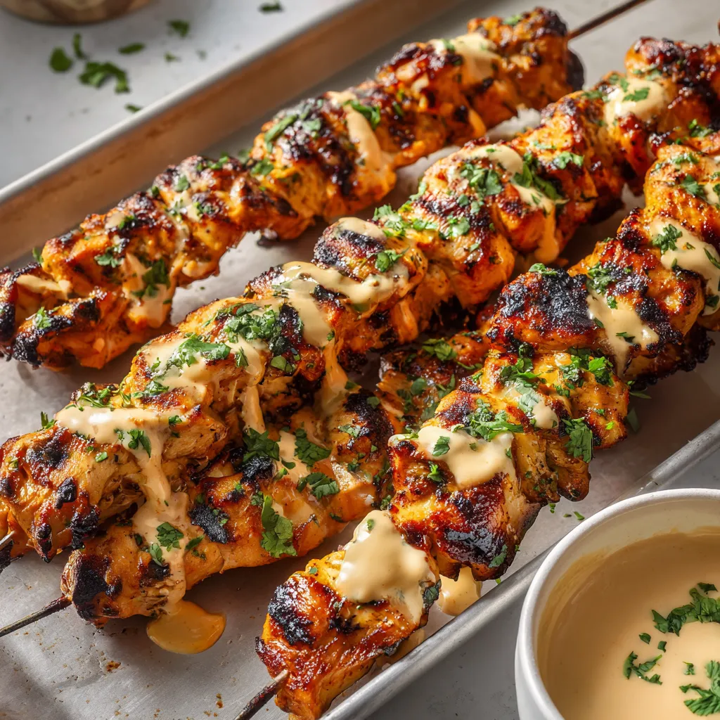 A tray of kebab meat with sauce.