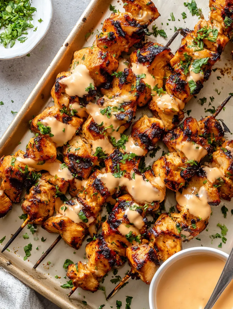 A tray of marinated chicken skewers.