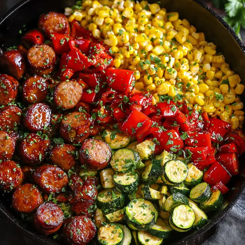 A pan of food with sausage, corn, and zucchini.