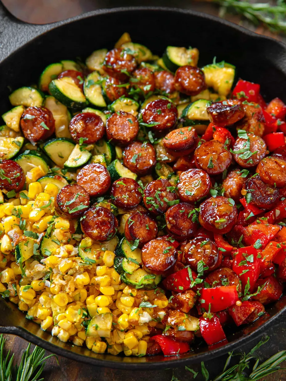 A bowl of food with sausage, corn, zucchini, and peppers.