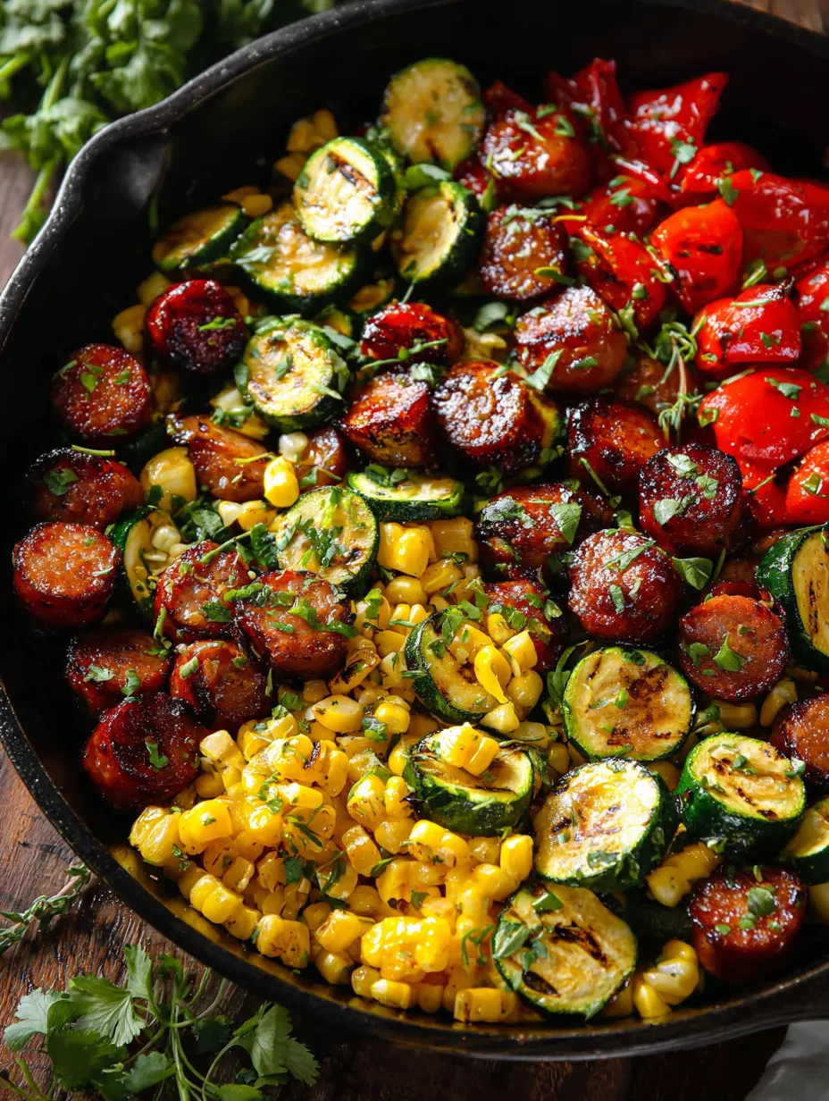 A pan of food with corn, zucchini, tomatoes, and sausage.