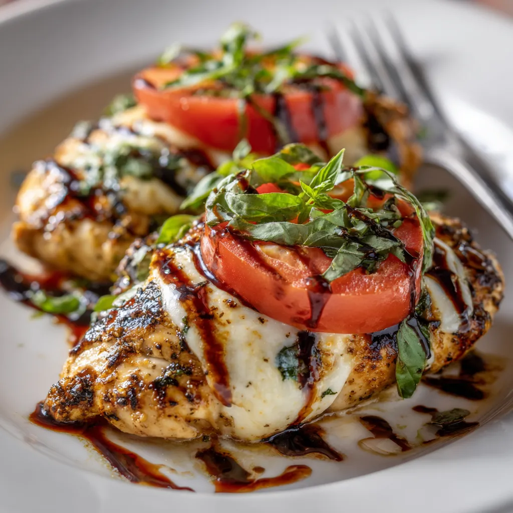 Chicken with tomatoes and cheese.