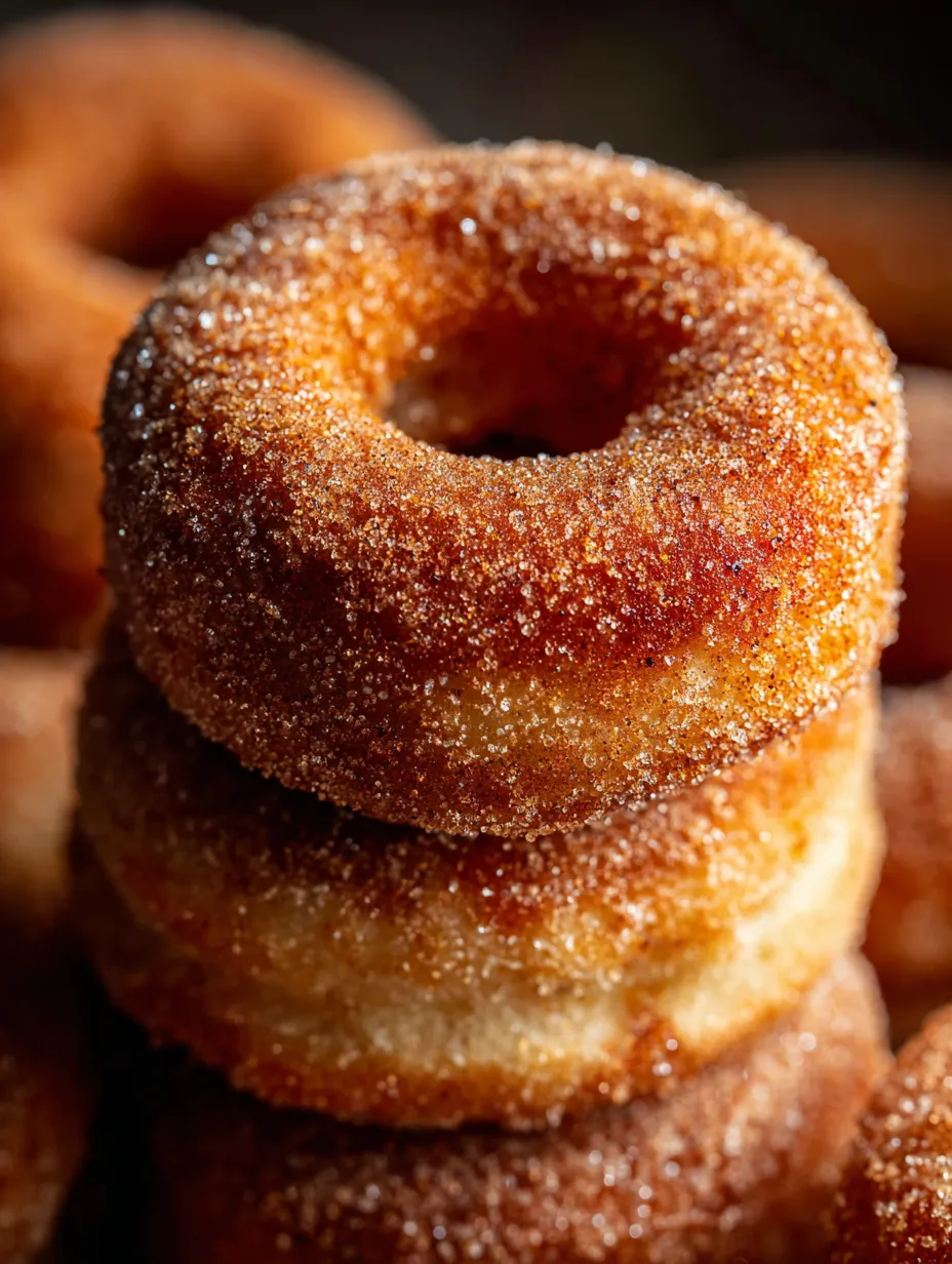 A stack of donuts with sugar on top.