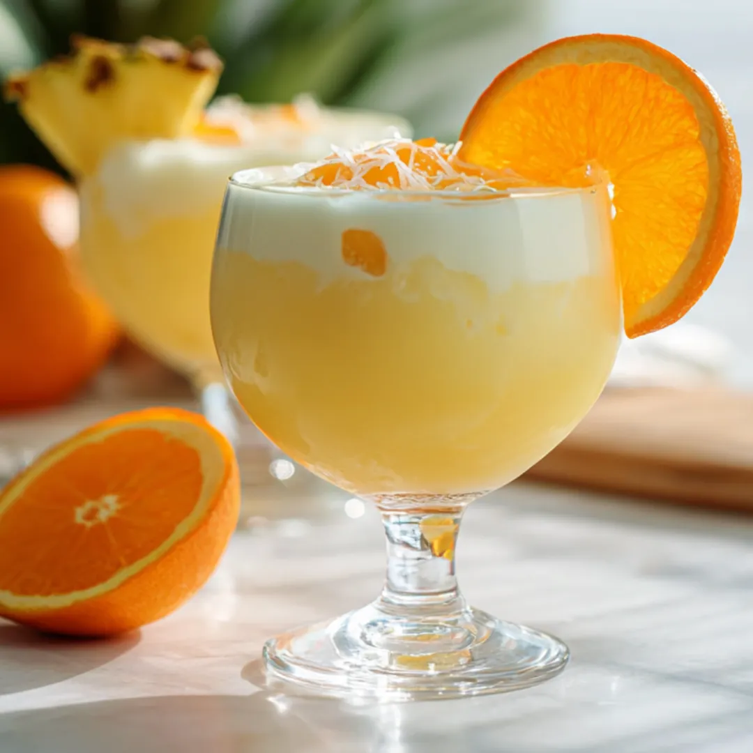 A glass of orange juice with a slice of orange on the side.