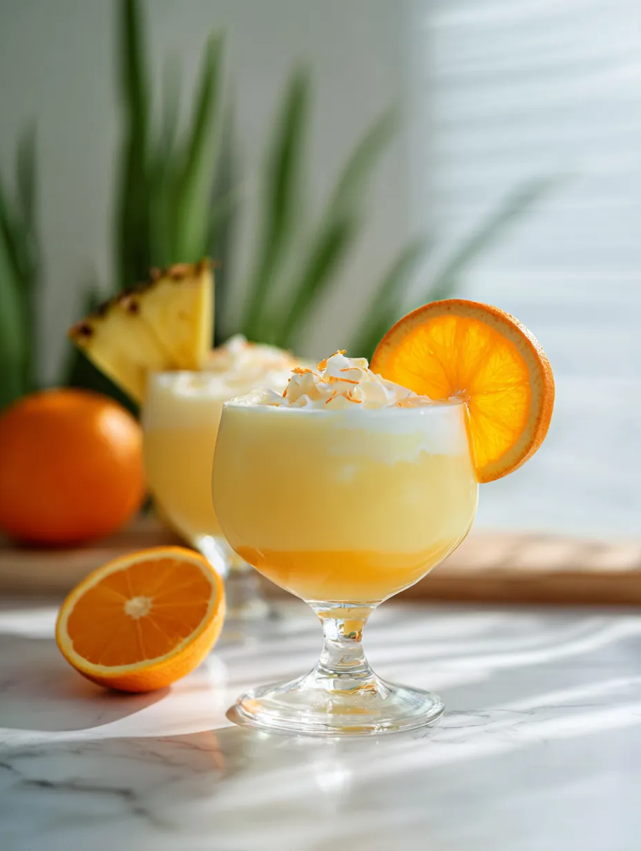 Two glasses of orange juice with a slice of orange in each.