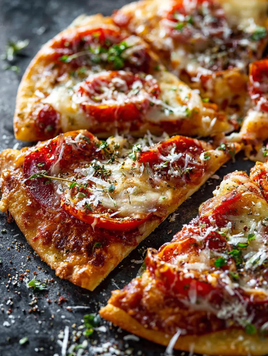 A pizza with cheese and tomatoes on a black table.