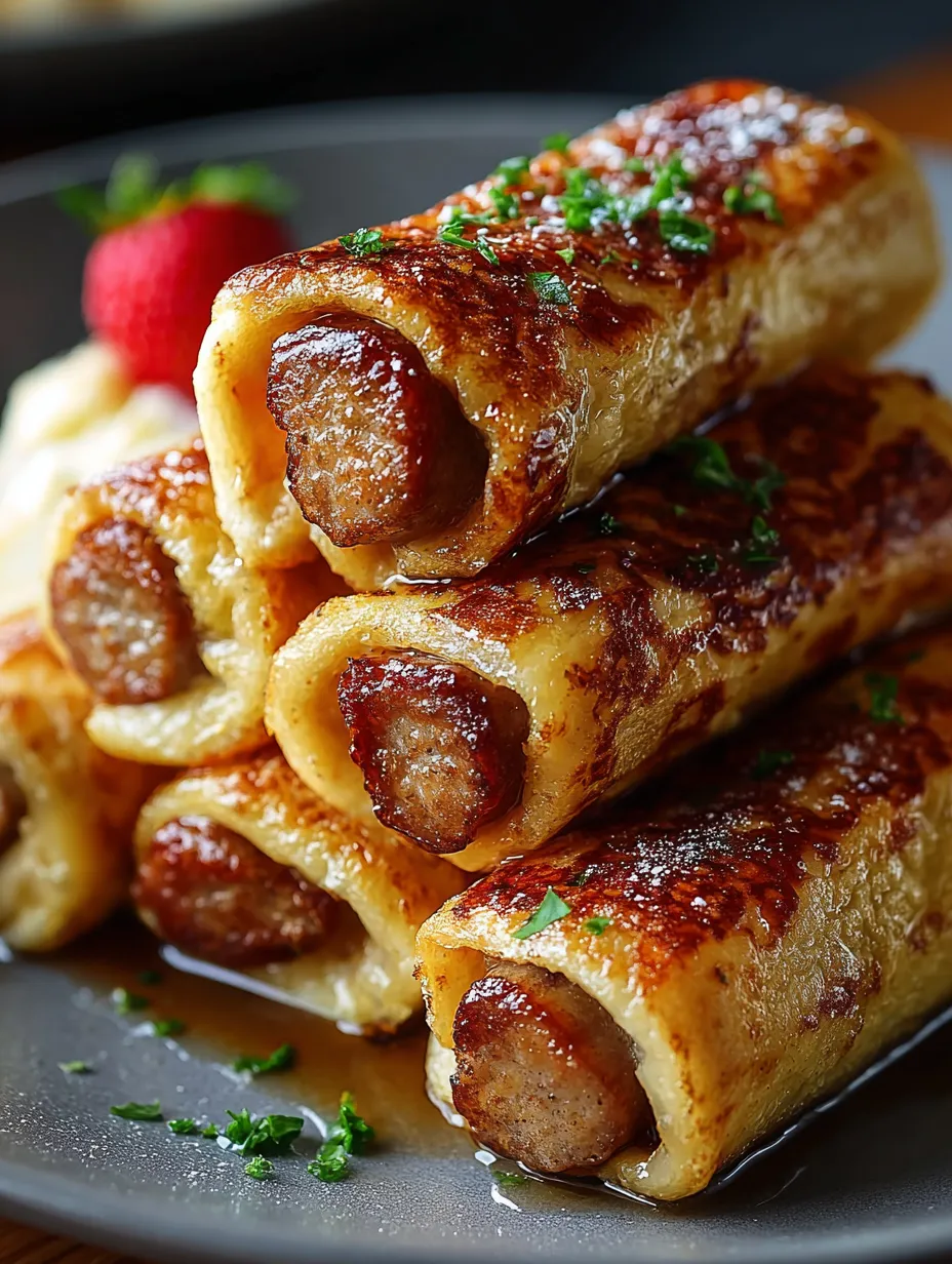 A plate of sausages and a strawberry.