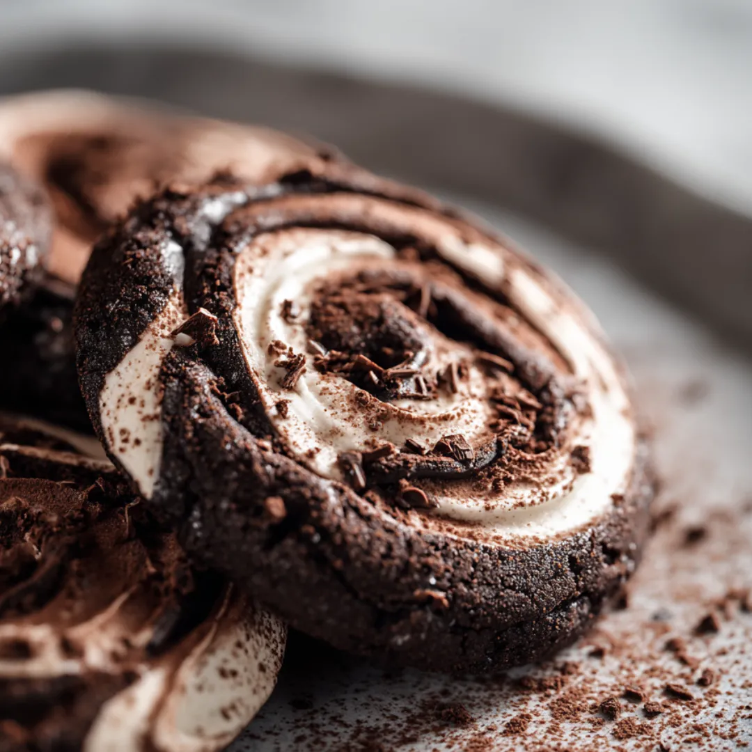 A plate of chocolate and white cookies.