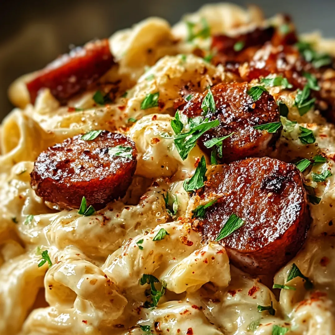 A plate of pasta with sausage and cheese.