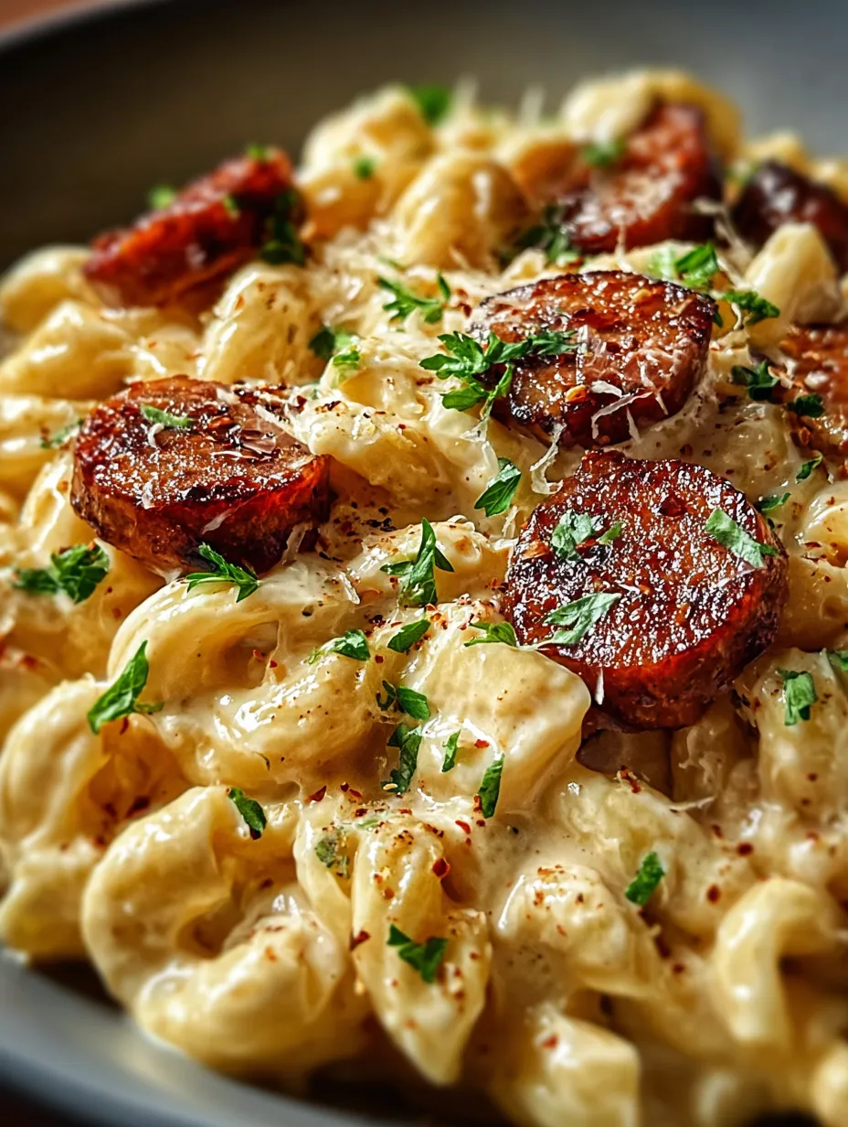 A plate of pasta with sausage and cheese.