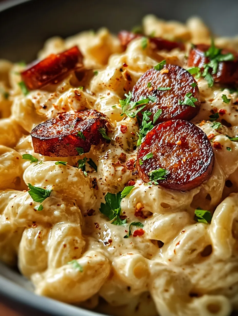 A bowl of pasta with sausage and cheese.