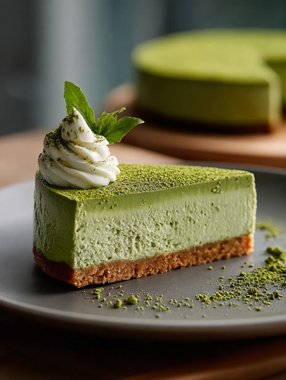 A slice of green cake with a mint leaf on top.