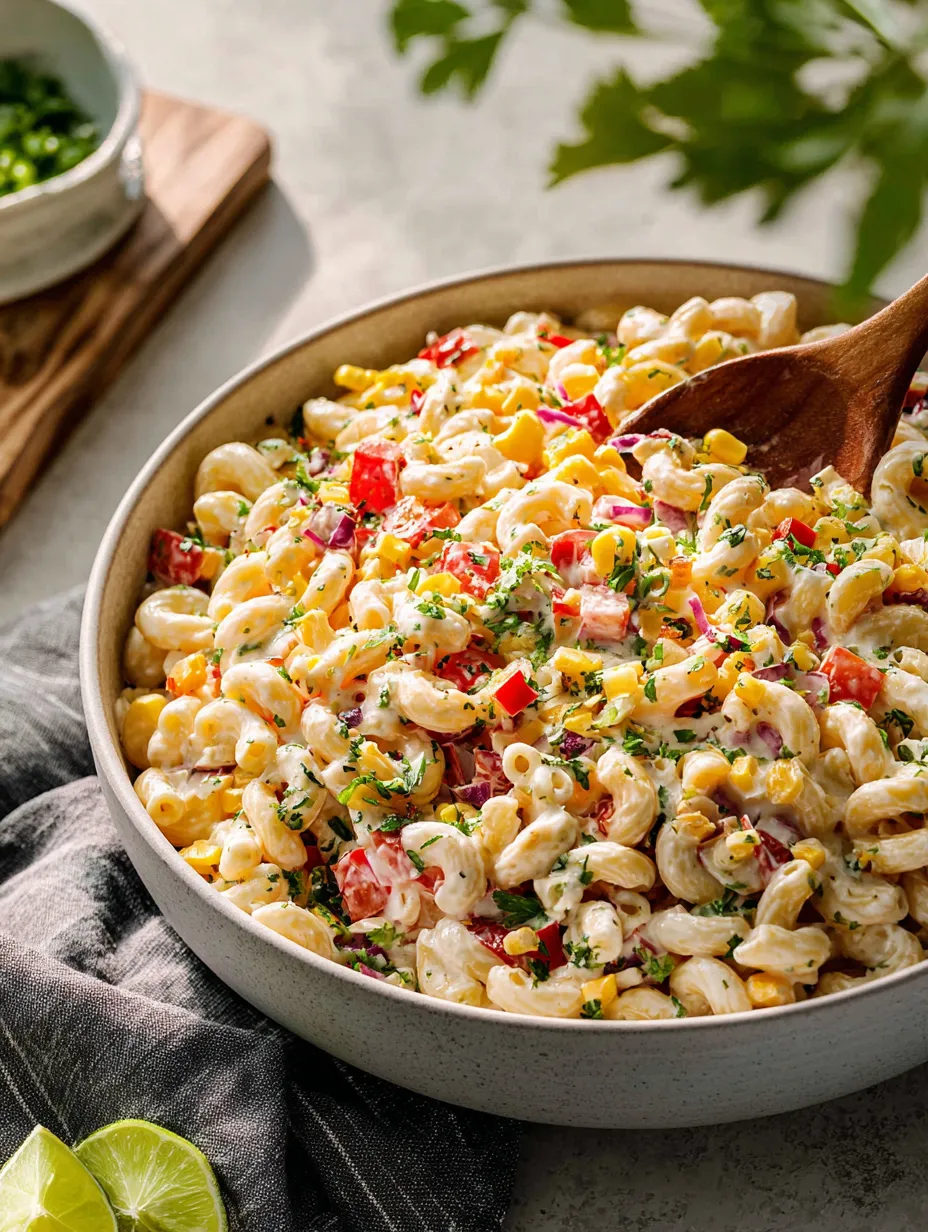 A bowl of pasta salad with tomatoes, corn, and herbs.