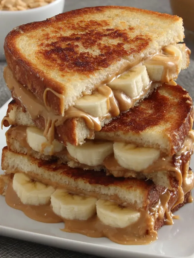 A stack of sandwiches with peanut butter and bananas.
