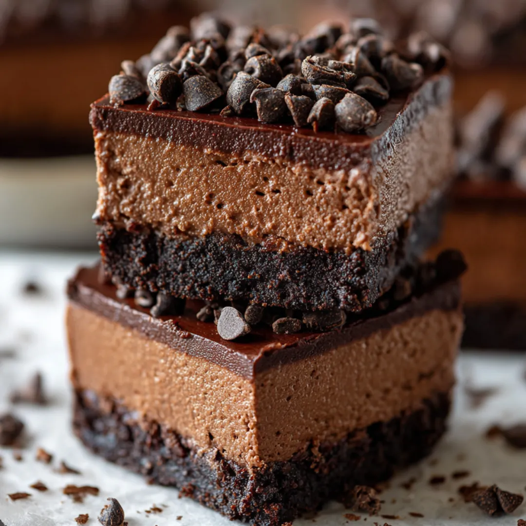 A slice of chocolate cake with chocolate chips.