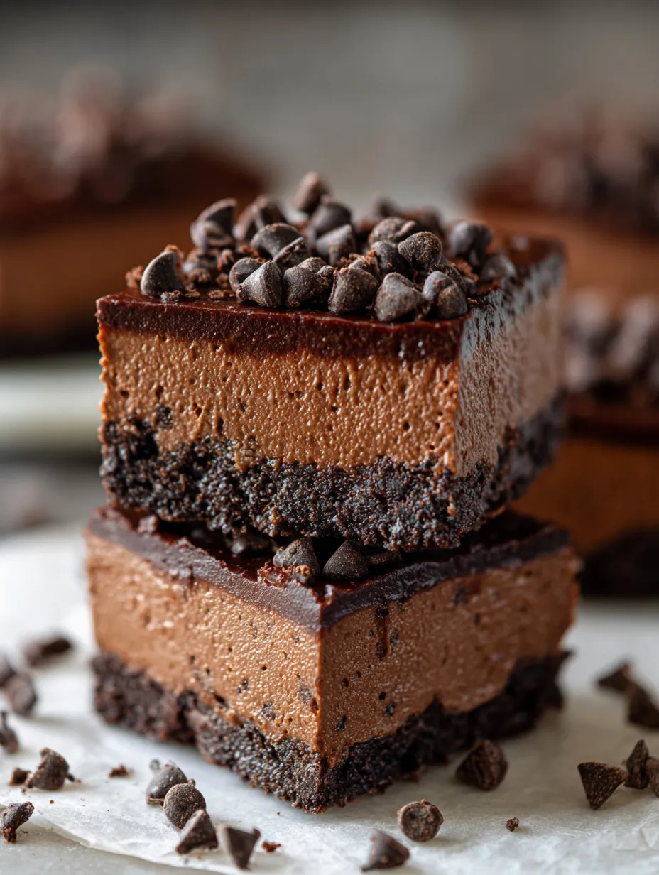 A slice of chocolate cake with chocolate chips.