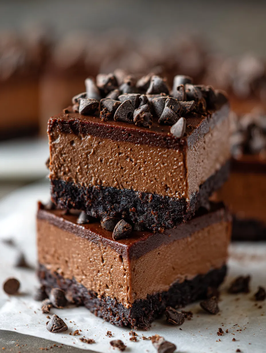 A slice of chocolate cake with chocolate chips on top.