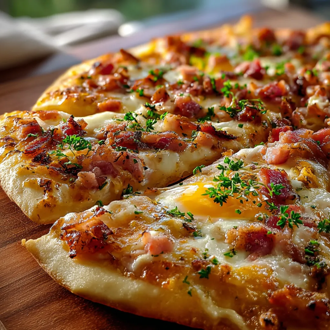 A pizza with ham and cheese on top.