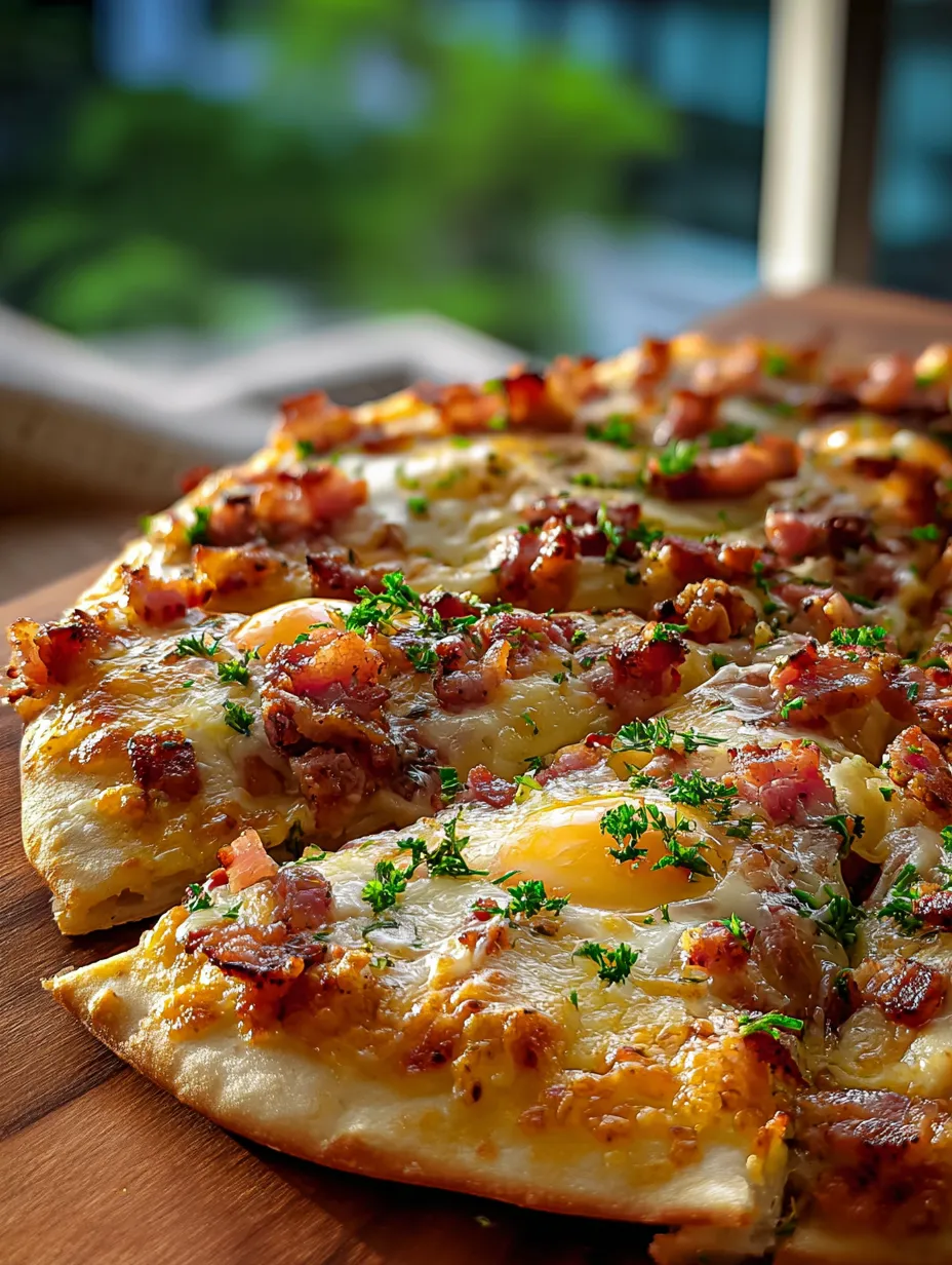 A pizza with bacon and an egg on top.
