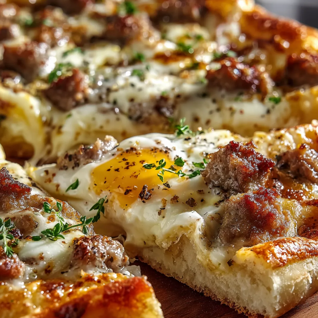 A slice of pizza with meat and egg on top.