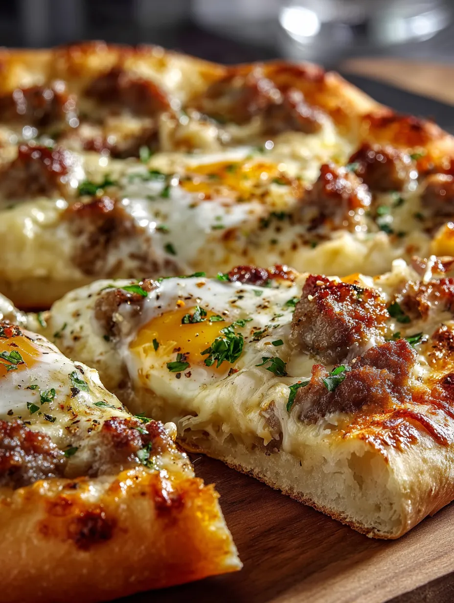 A pizza with eggs and sausage on top.