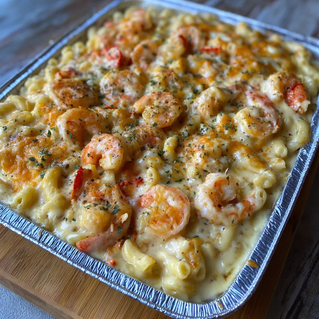 A pan of macaroni and cheese with shrimp.