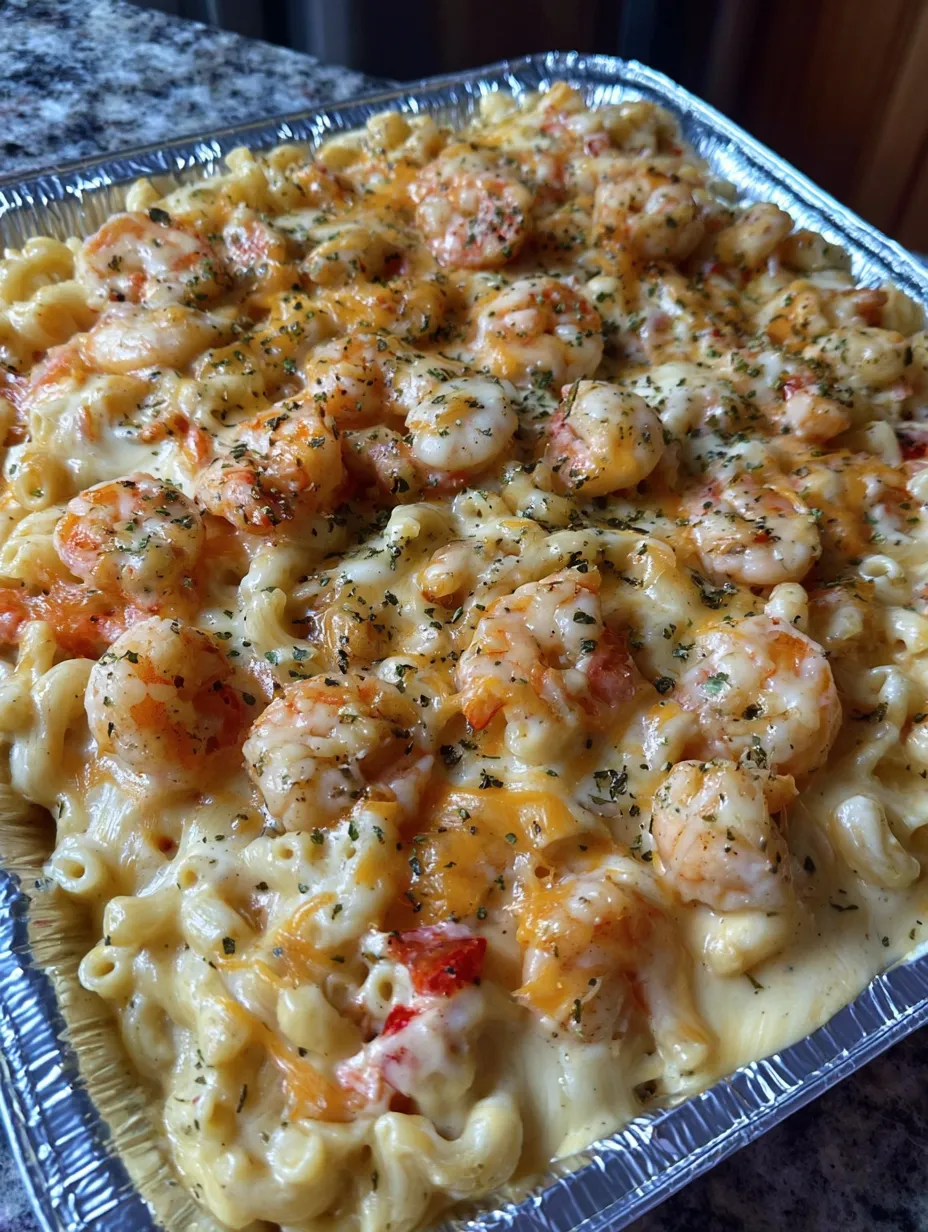 A casserole dish filled with shrimp and cheese.